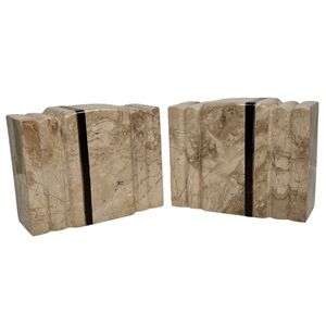 Vintage Art Deco Inlay Heavy Marble Bookends by Renoir MCM‎ 6½" x 5¼" x 2¾"